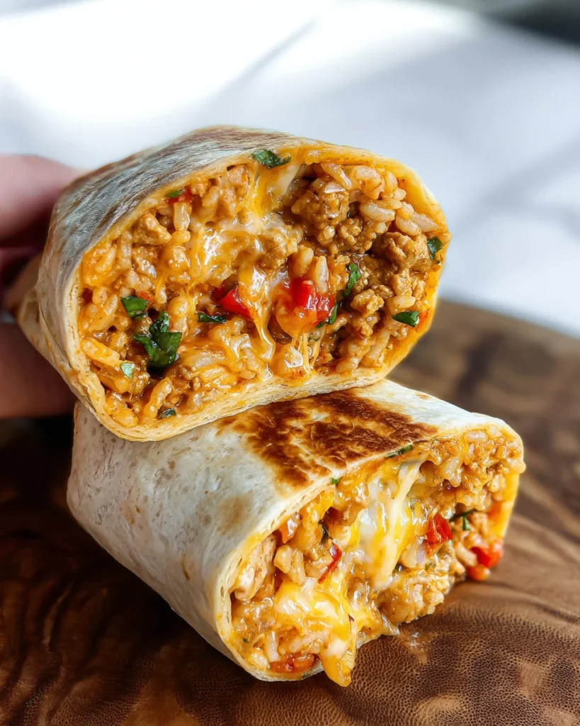 Cheesy Ground Chicken and Rice Burritos