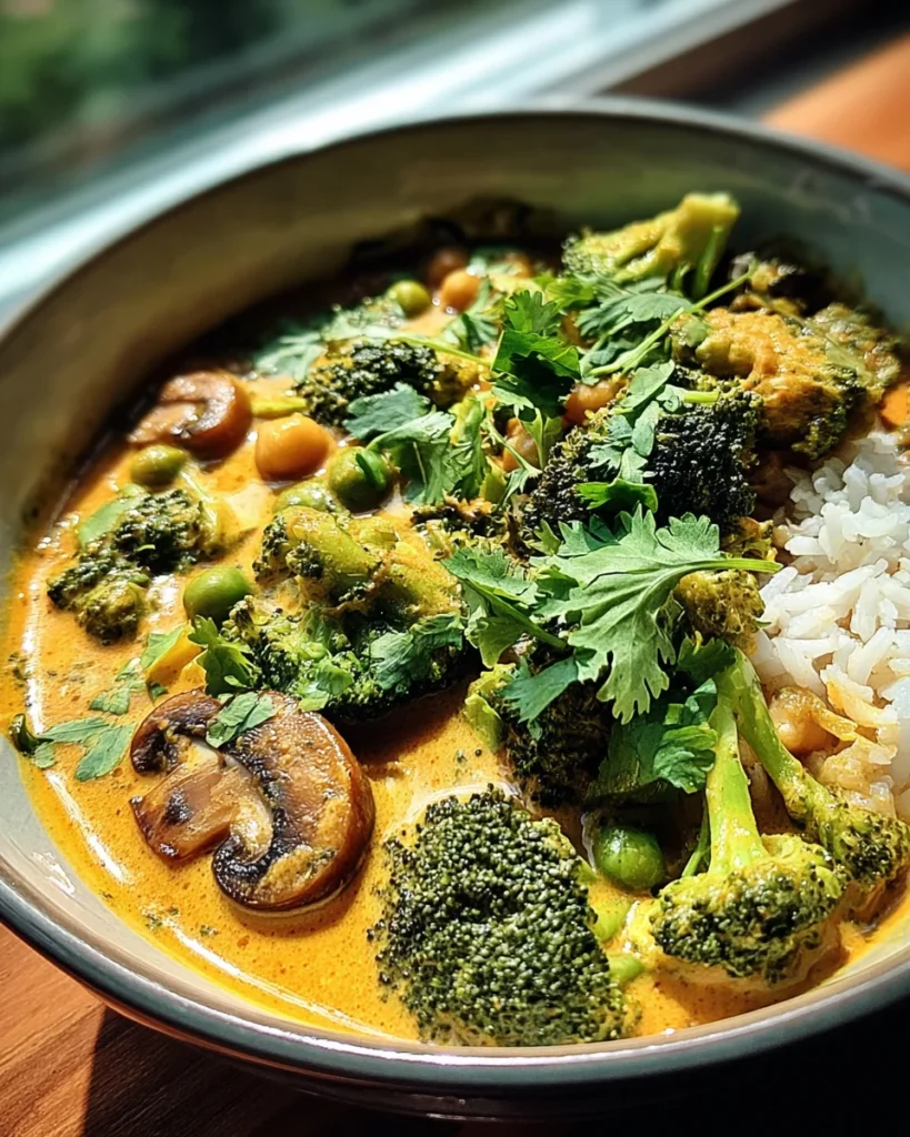 Curry de Brocoli, Pois Chiches et Champignons au Lait de Coco