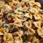 Garlic Parmesan Bowtie Pasta with Creamy Beef recipe