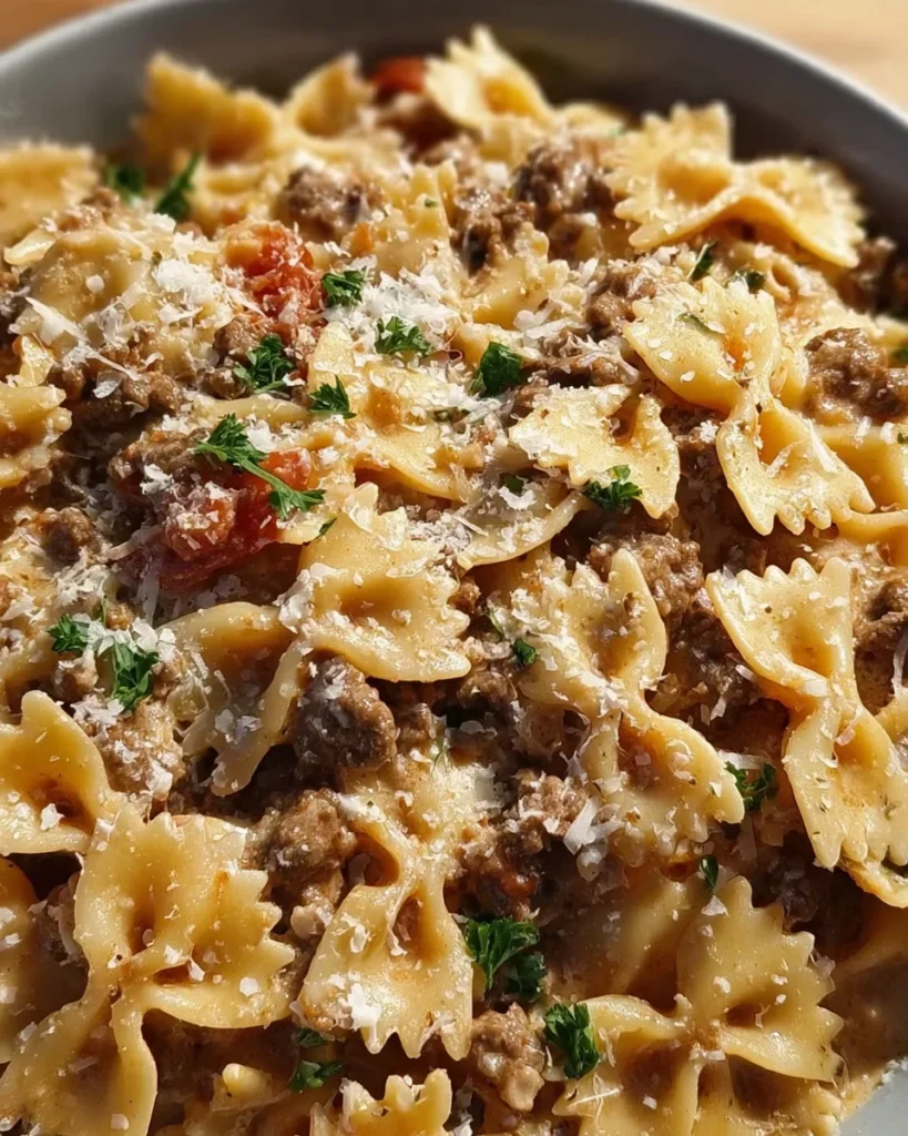 Garlic Parmesan Bowtie Pasta with Creamy Beef recipe