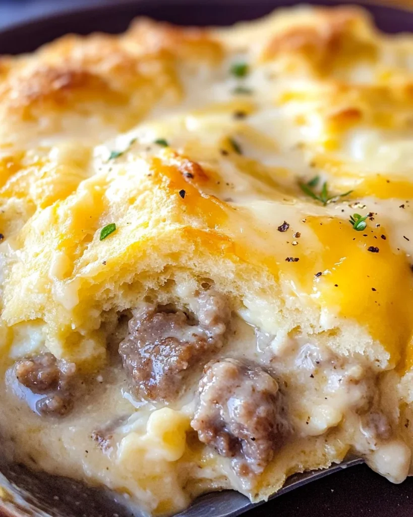 Biscuits and Gravy Casserole with Sausage and Eggs